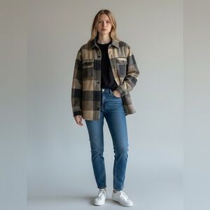 Magaschoni Fuzzy Plaid Shacket in Black and Tan Size Medium